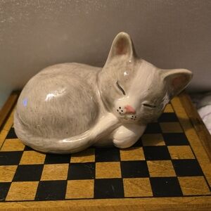 Ceramic Sleeping Cat Figurine - Light Gray & White